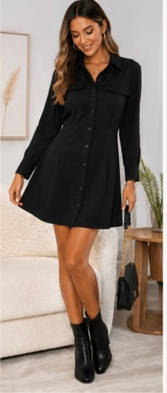 MNG Mango Black Button Front Shirt Dress Size M Collared Long Sleeve